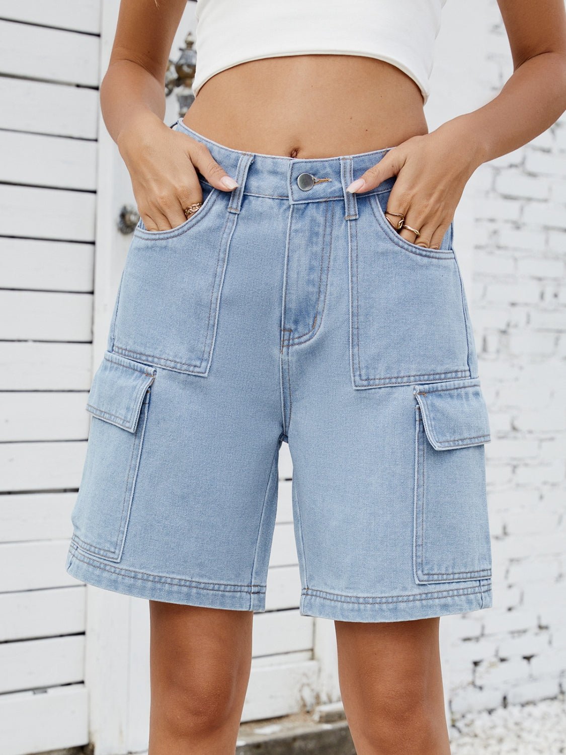 High Waist Denim Shorts with Cargo Pockets - GlossDrop