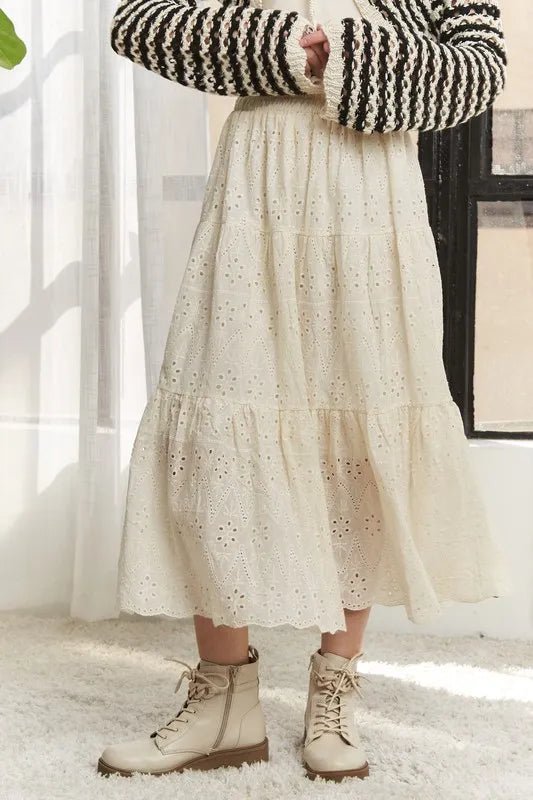 ADORA Elastic Waistband Tiered Midi Skirt - GlossDrop