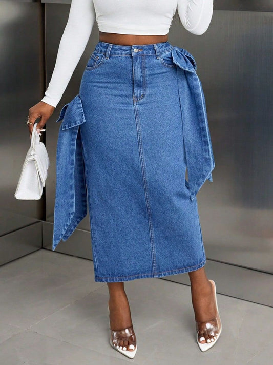 Bow Slit Back Denim Skirt - GlossDrop
