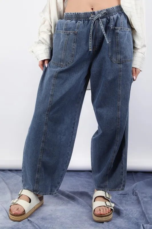 VERY J Washed Chambray Barrel Denim Pants - GlossDrop