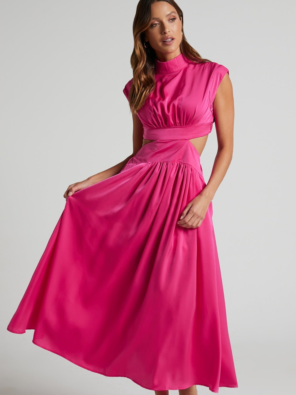 Cutout Mock Neck Sleeveless Ruched Dress - GlossDrop