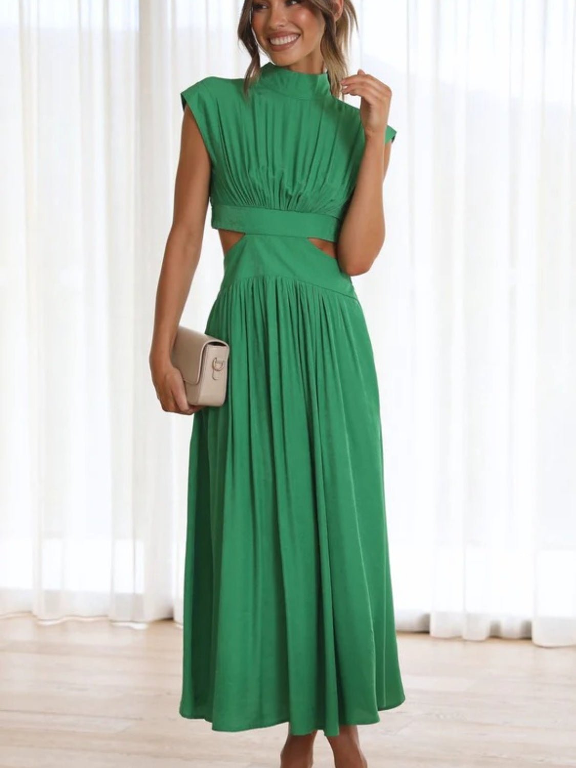 Cutout Mock Neck Sleeveless Ruched Dress - GlossDrop