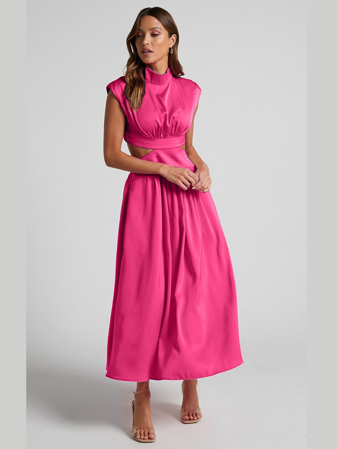 Cutout Mock Neck Sleeveless Ruched Dress - GlossDrop