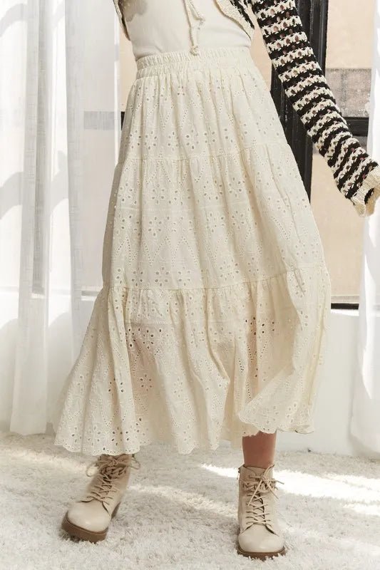 ADORA Elastic Waistband Tiered Midi Skirt - GlossDrop