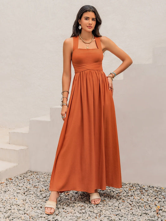 Crisscross Back Smocked Square Neck Maxi Dress - GlossDrop