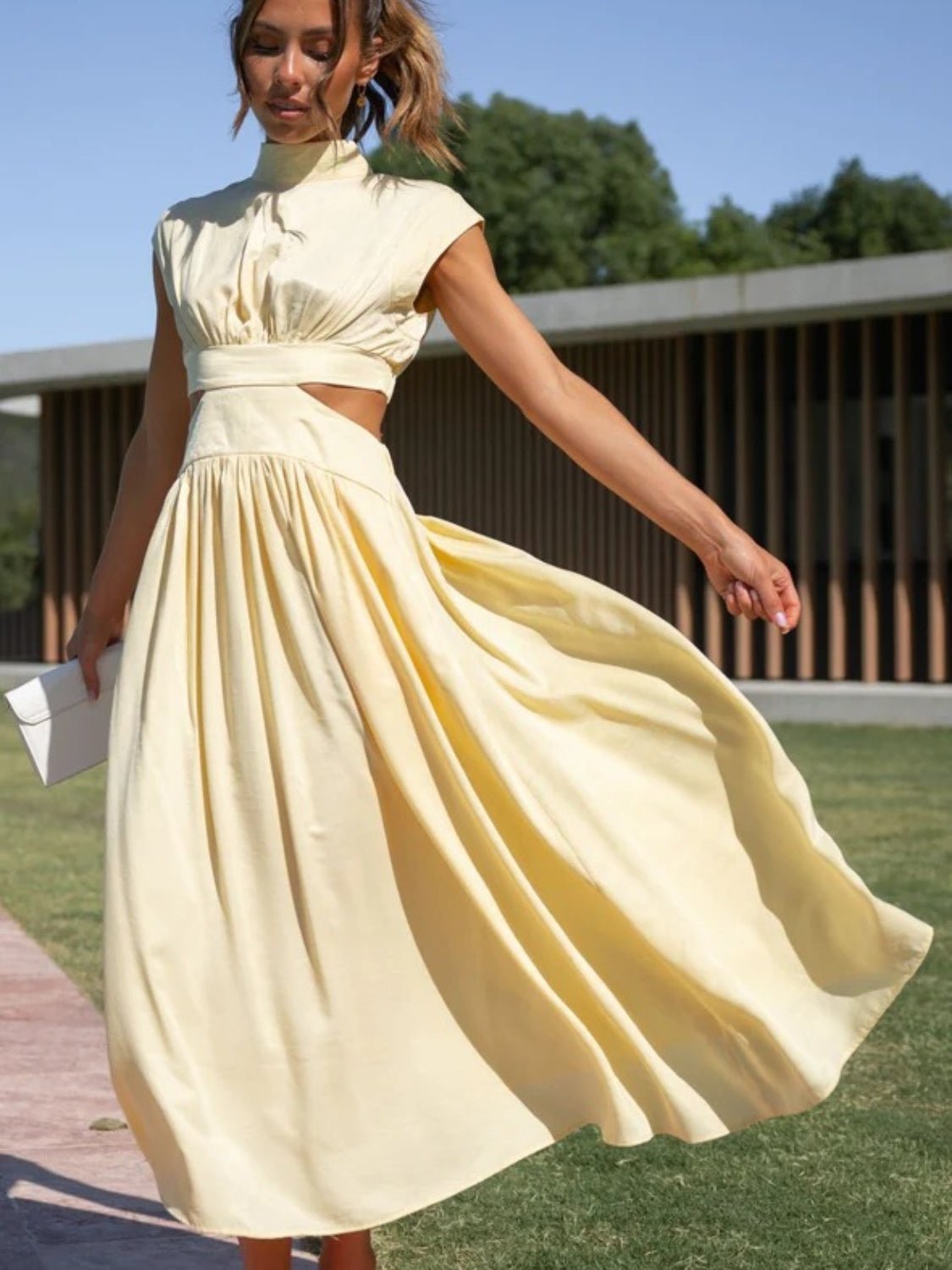 Cutout Mock Neck Sleeveless Ruched Dress - GlossDrop