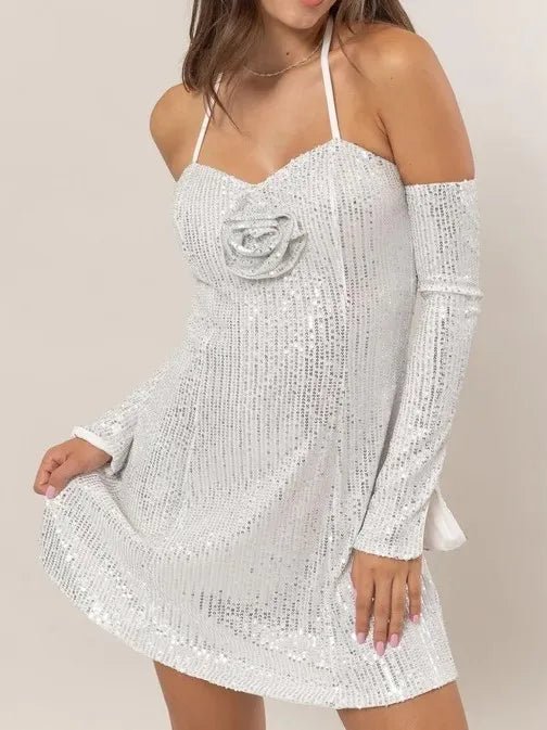 HYFVE Sequin Rosette Halter Mini Dress - GlossDrop