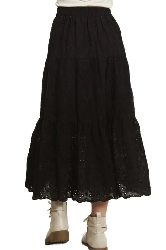 ADORA Elastic Waistband Tiered Midi Skirt - GlossDrop