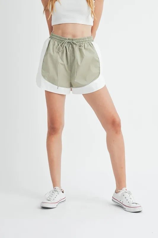 MABLE Drawstring Waist Contrast Trim Detail Shorts - GlossDrop