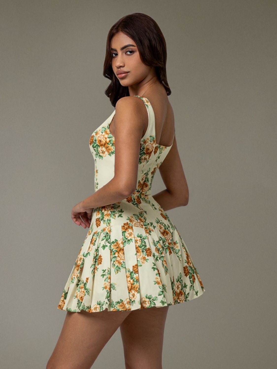 Floral Sleeveless Mini Pleated Dress - GlossDrop