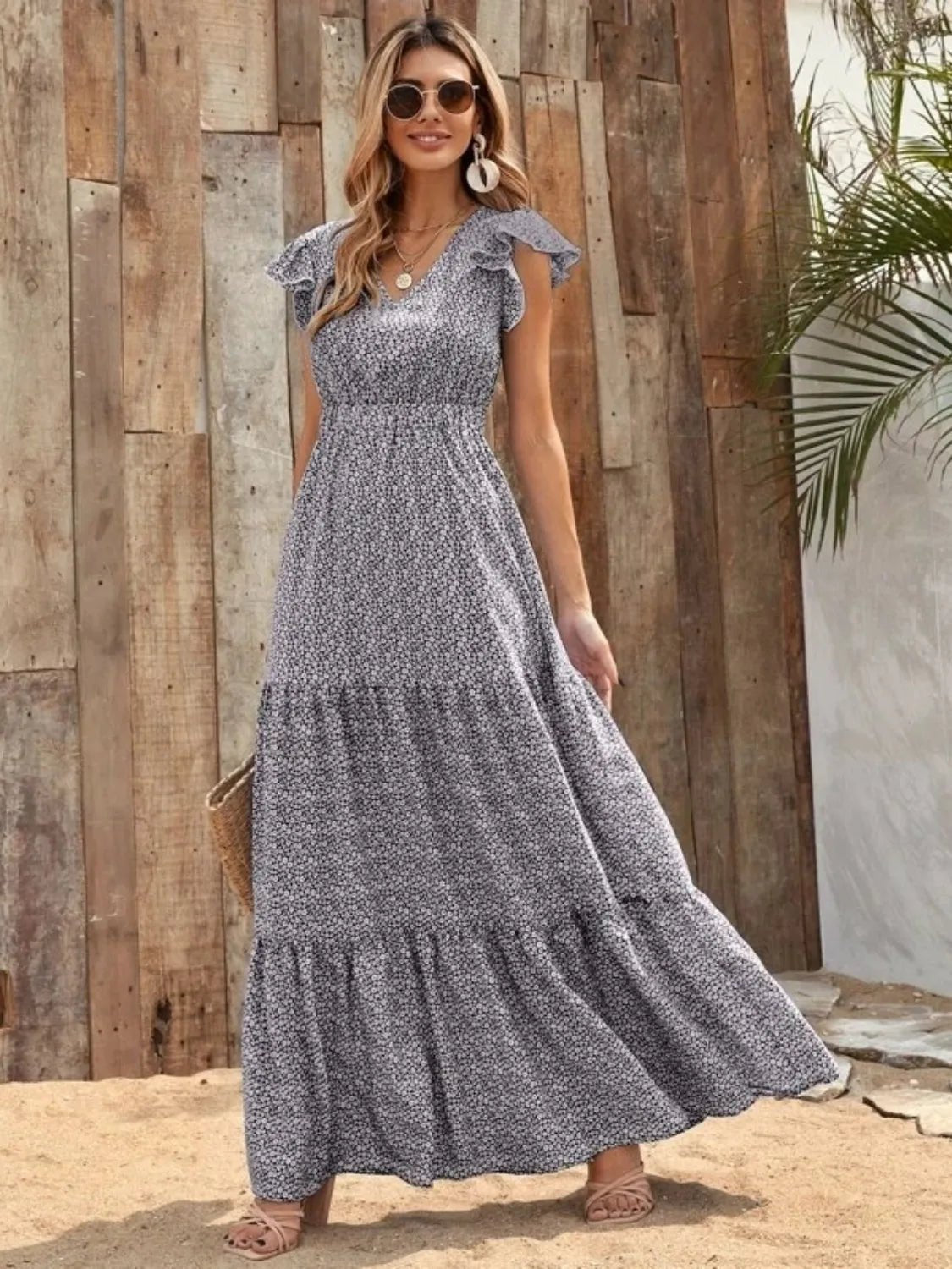 Printed V - Neck Ruffled Cap Sleeve Maxi Dress - GlossDrop
