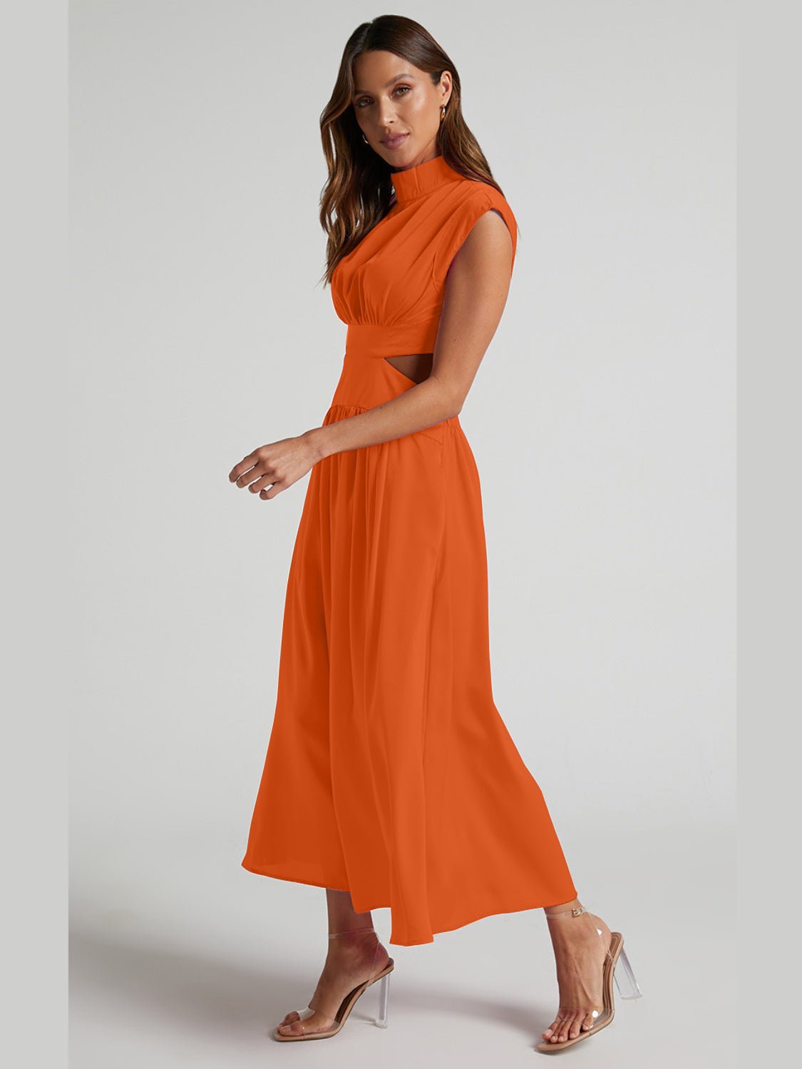 Cutout Mock Neck Sleeveless Ruched Dress - GlossDrop