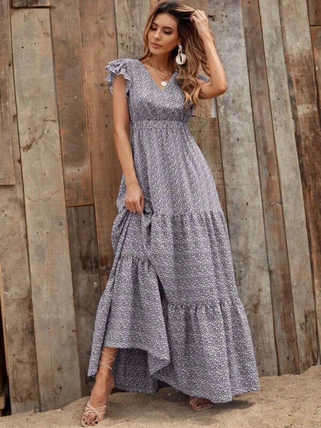 Printed V - Neck Ruffled Cap Sleeve Maxi Dress - GlossDrop