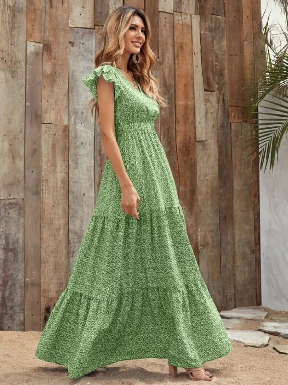 Printed V - Neck Ruffled Cap Sleeve Maxi Dress - GlossDrop