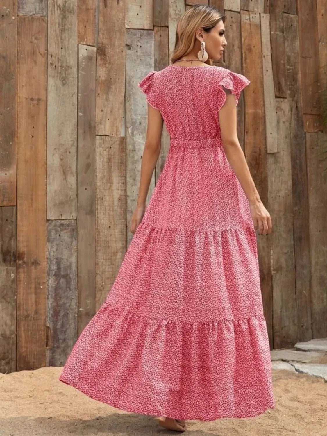 Printed V - Neck Ruffled Cap Sleeve Maxi Dress - GlossDrop
