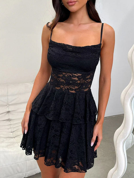Devine Lace - Up Layered Lace Mini Cami Dress - GlossDrop
