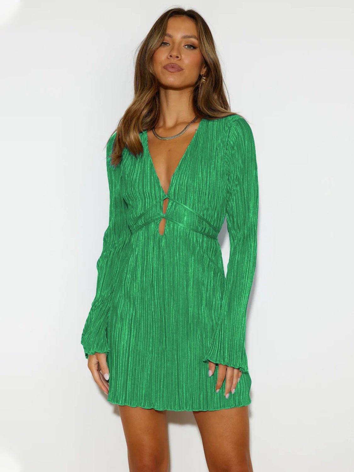 Tied Plunge Flare Sleeve Mini Dress - GlossDrop