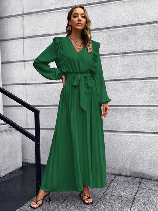 Pleated Surplice Tie Waist Maxi Dress - GlossDrop
