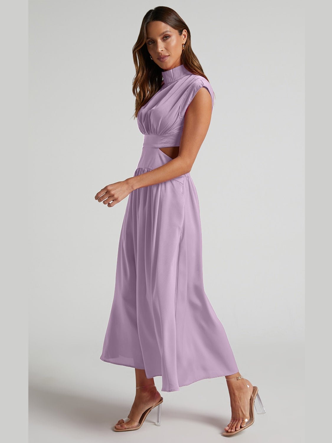 Cutout Mock Neck Sleeveless Ruched Dress - GlossDrop