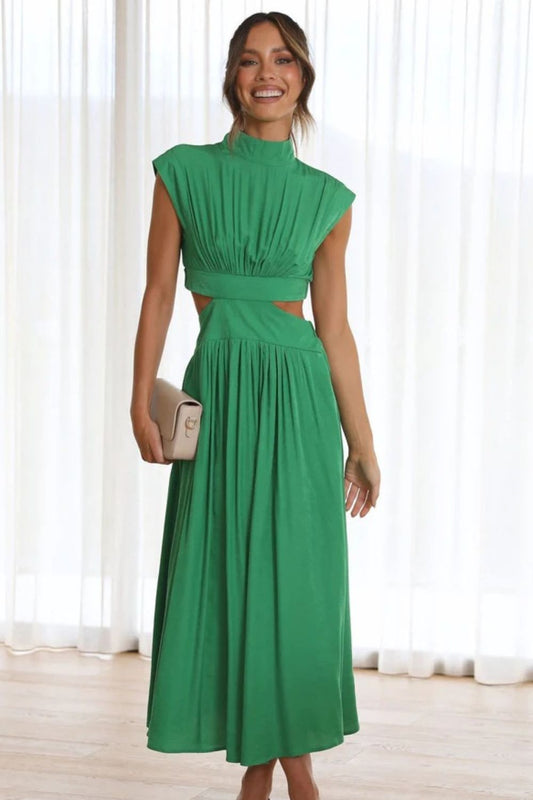 Cutout Mock Neck Sleeveless Ruched Dress - GlossDrop
