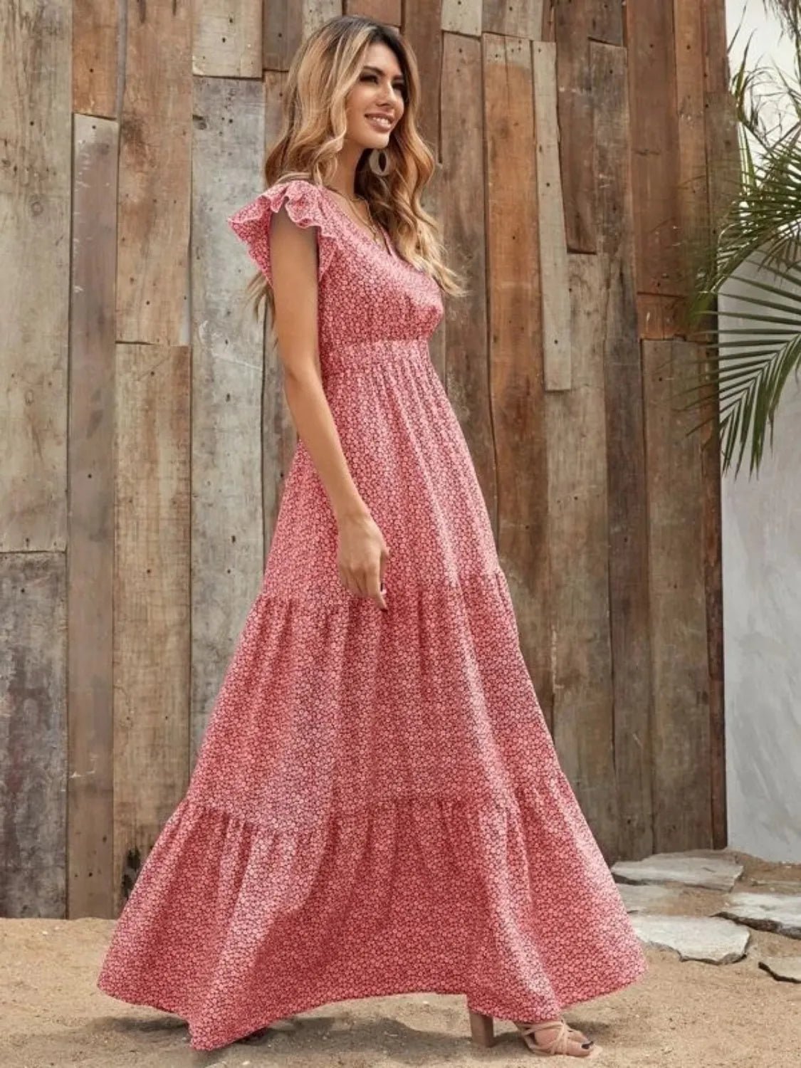 Printed V - Neck Ruffled Cap Sleeve Maxi Dress - GlossDrop