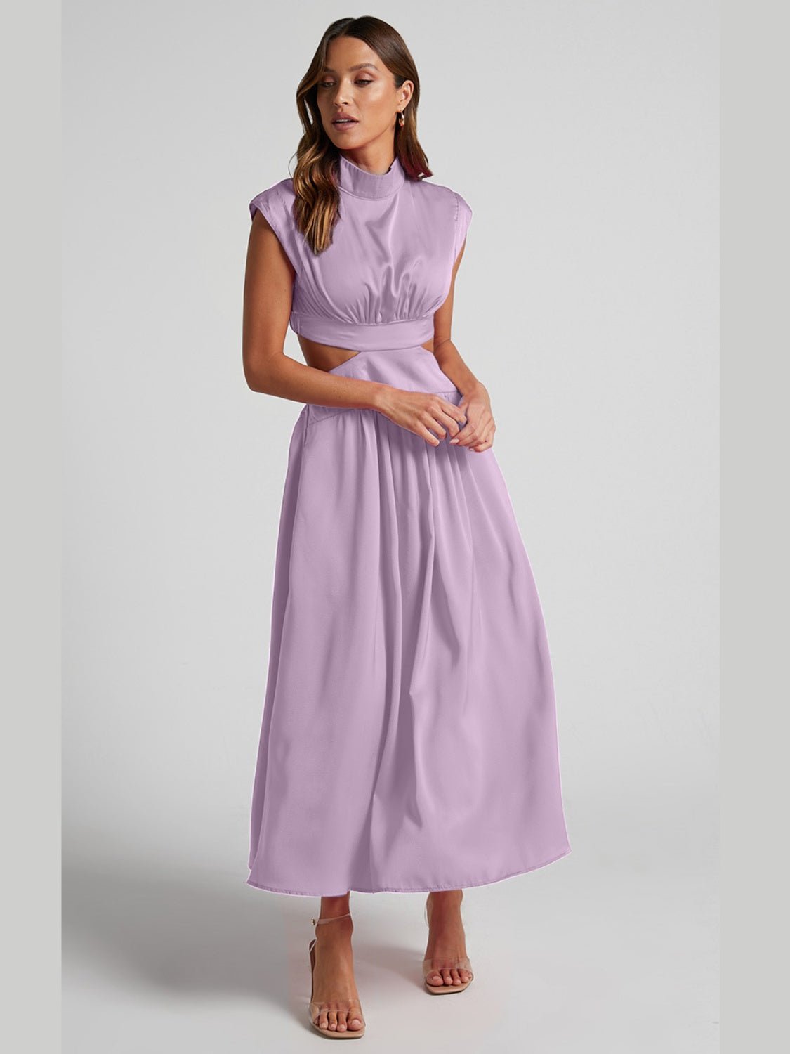 Cutout Mock Neck Sleeveless Ruched Dress - GlossDrop