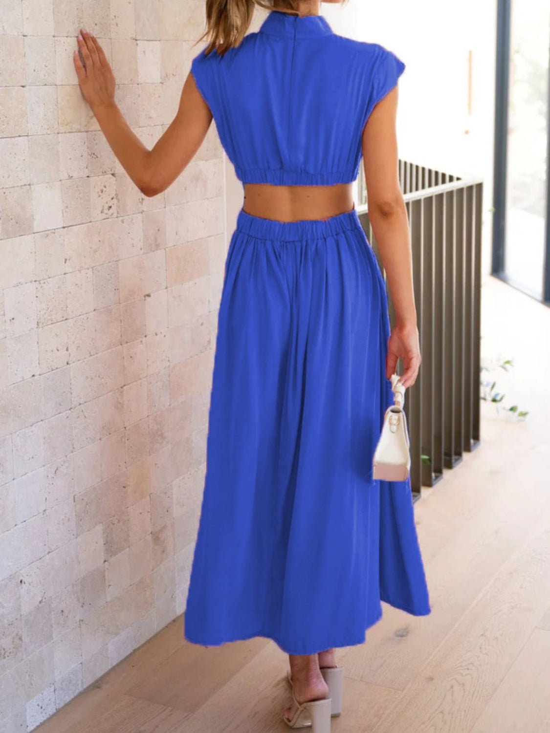 Cutout Mock Neck Sleeveless Ruched Dress - GlossDrop