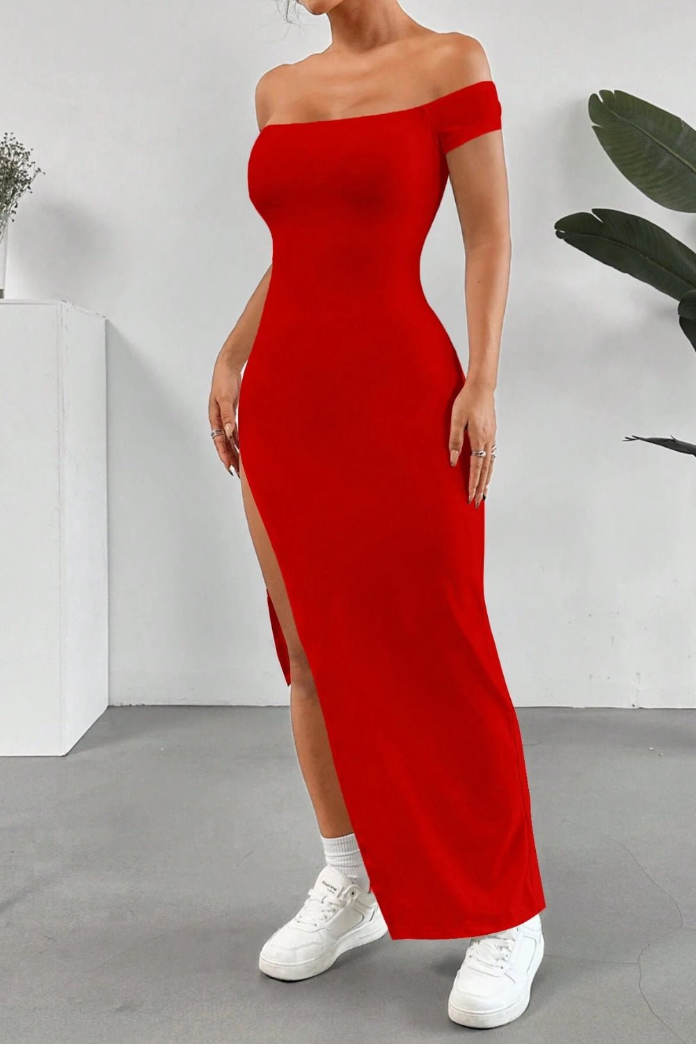Off Shoulder Slit Maxi Dress - GlossDrop