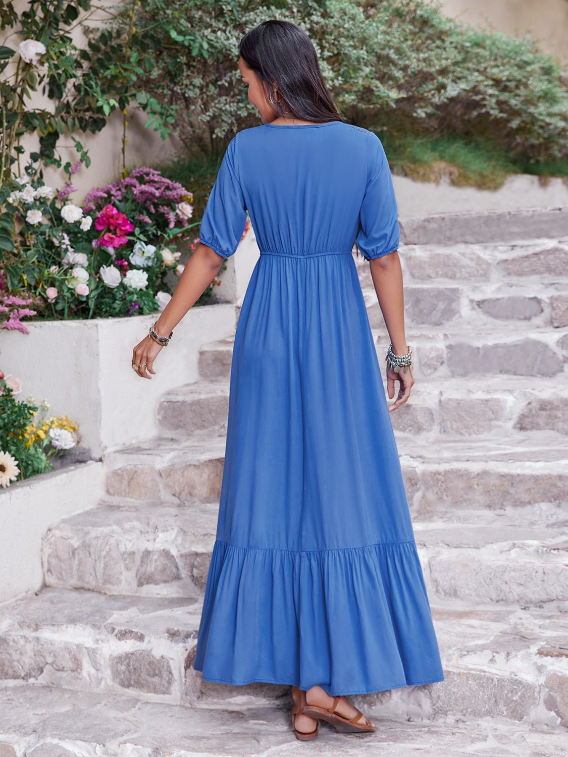 V - Neck Short Sleeve Ruffle Hem Dress - GlossDrop