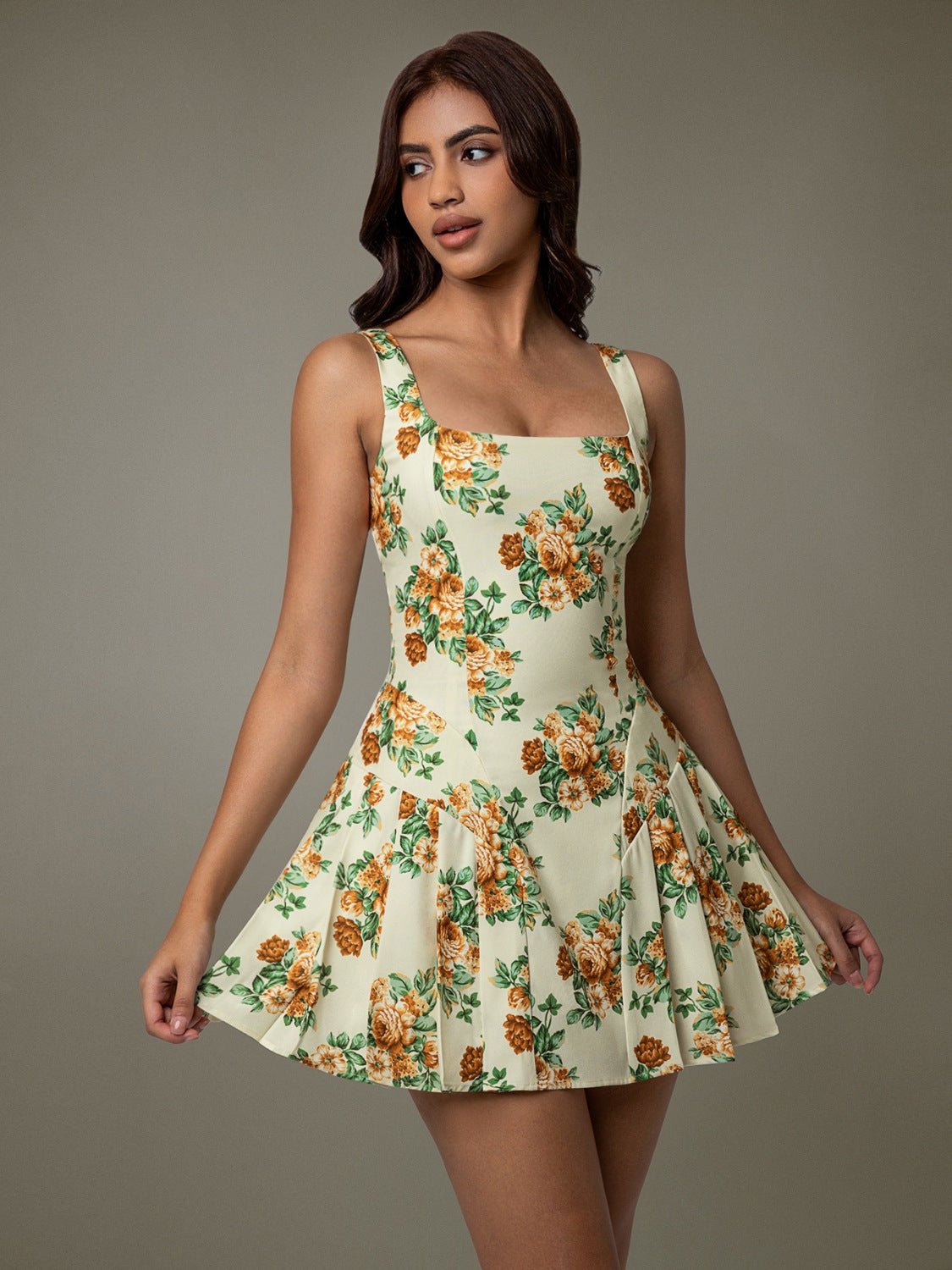 Floral Sleeveless Mini Pleated Dress - GlossDrop