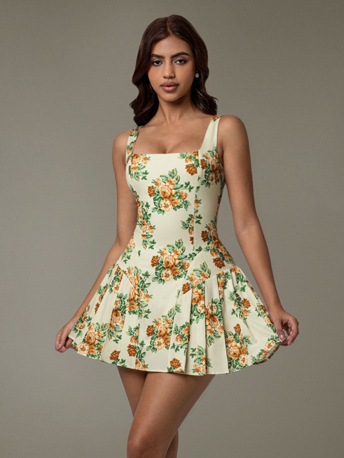 Floral Sleeveless Mini Pleated Dress - GlossDrop
