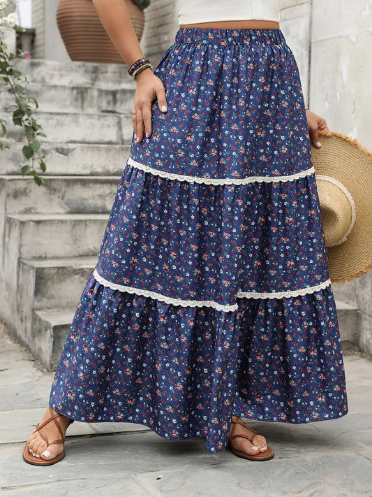 Plus Size Floral Elastic Waist Maxi Skirt - GlossDrop