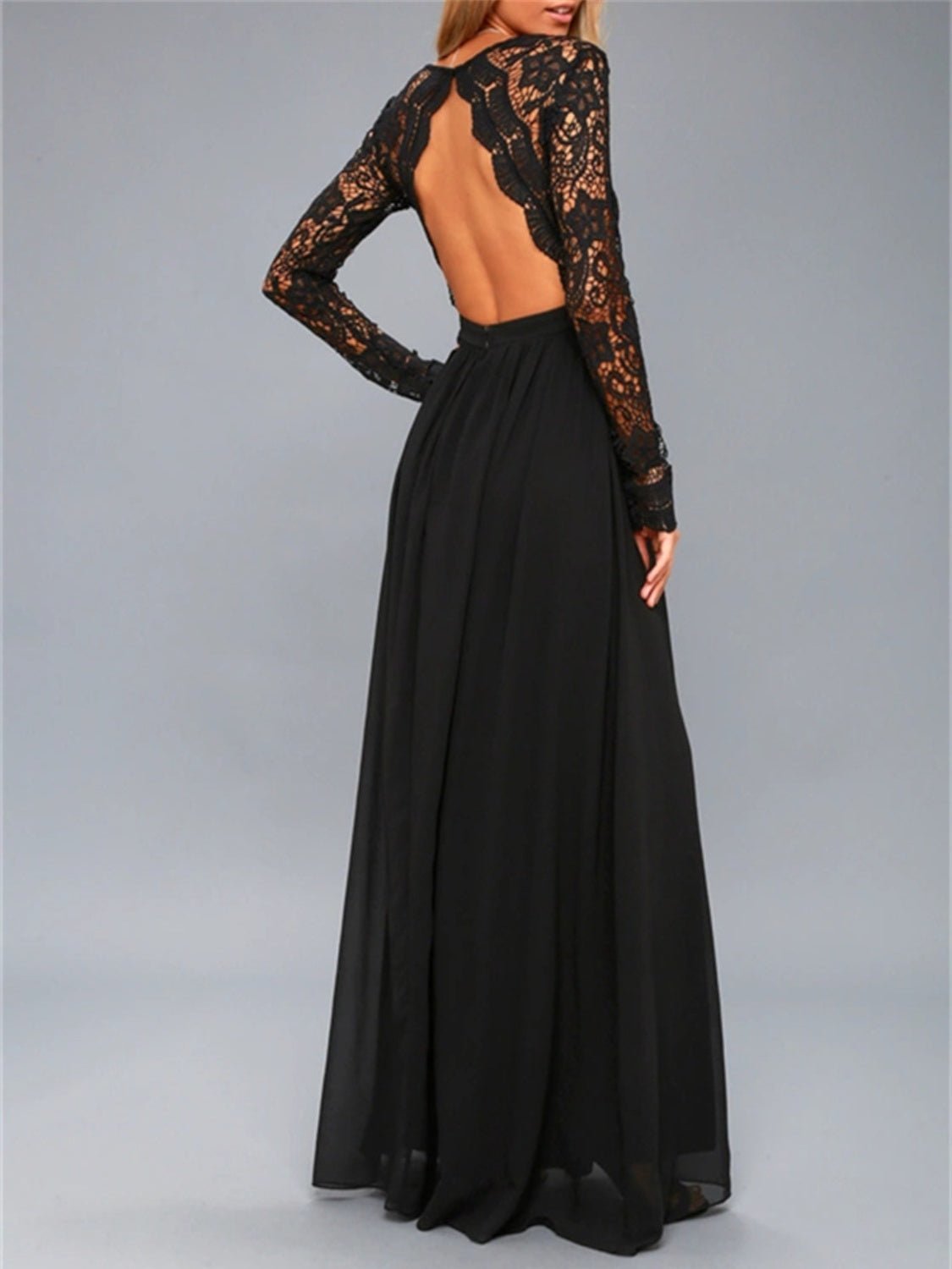 Lace Detail Backless Long Sleeve Maxi Dress - GlossDrop