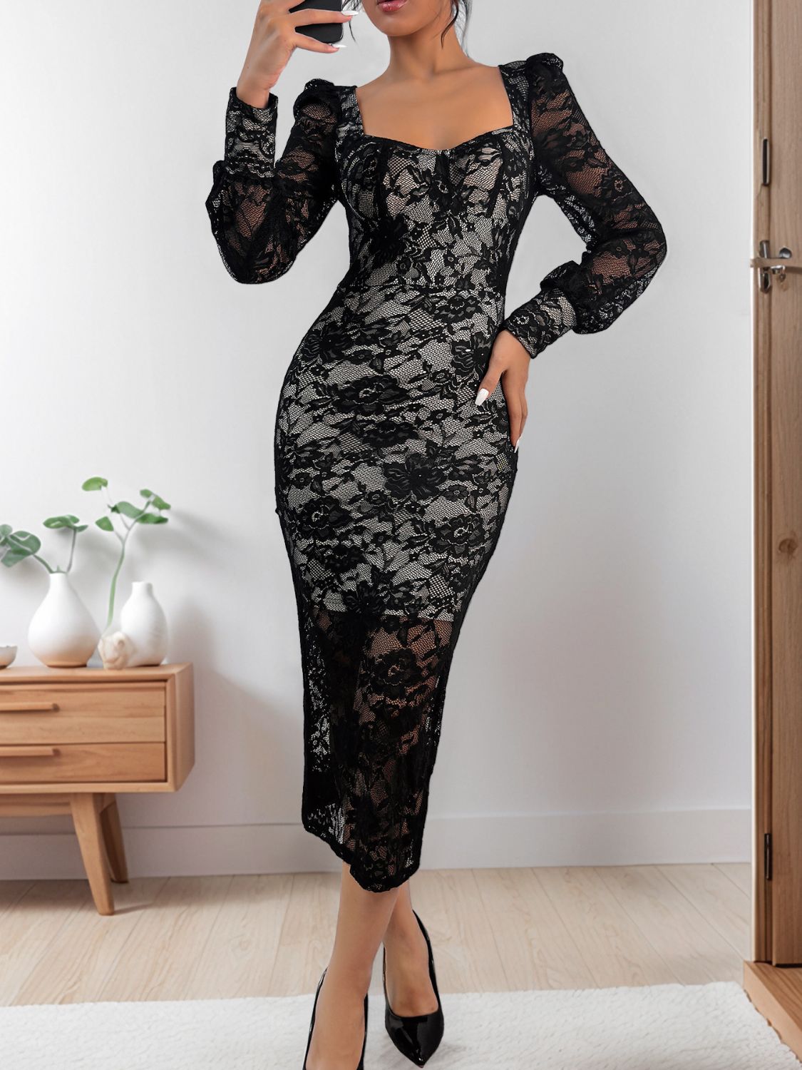 Perfee Lace Sweetheart Neck Long Sleeve Midi Dress - GlossDrop