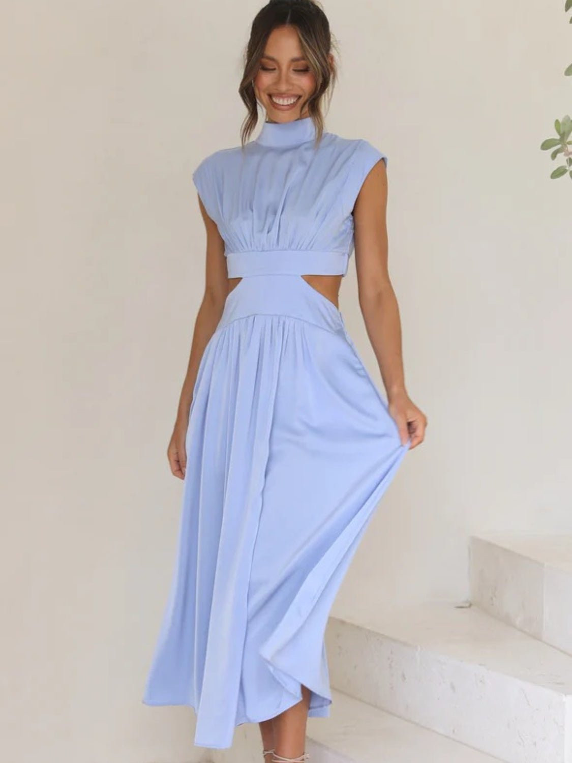 Cutout Mock Neck Sleeveless Ruched Dress - GlossDrop