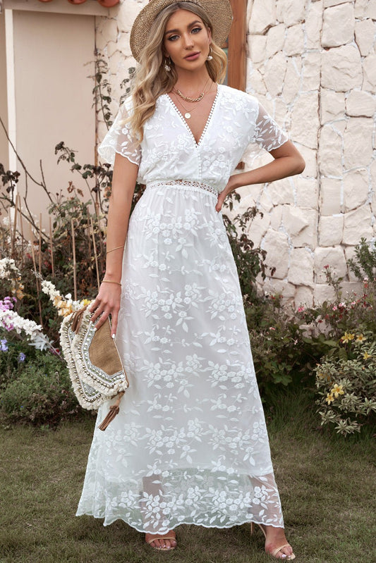 Embroidered Short Sleeve Surplice Neck Maxi Dress - GlossDrop
