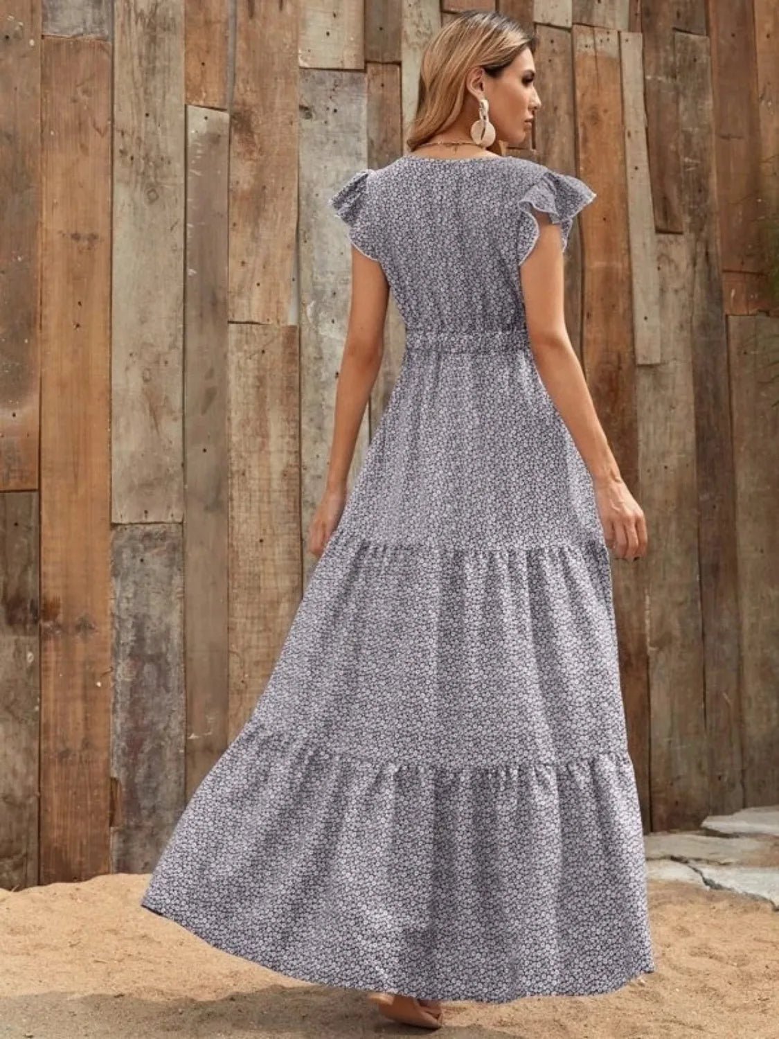 Printed V - Neck Ruffled Cap Sleeve Maxi Dress - GlossDrop