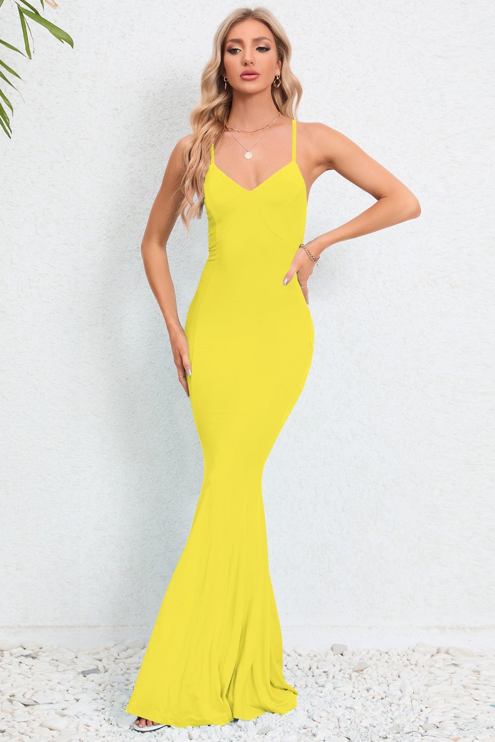 Crisscross Spaghetti Strap Fishtail Dress - GlossDrop