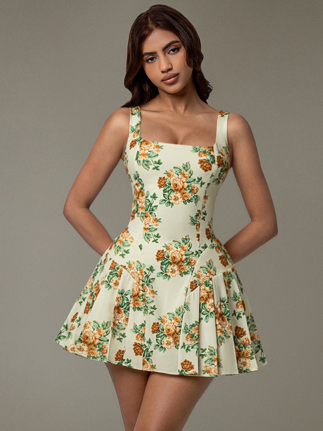 Floral Sleeveless Mini Pleated Dress - GlossDrop