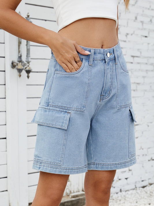 High Waist Denim Shorts with Cargo Pockets - GlossDrop