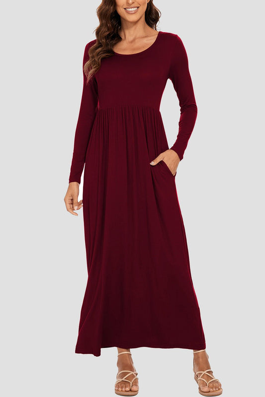 Round Neck Long Sleeve Pocketed Maxi Dress - GlossDrop