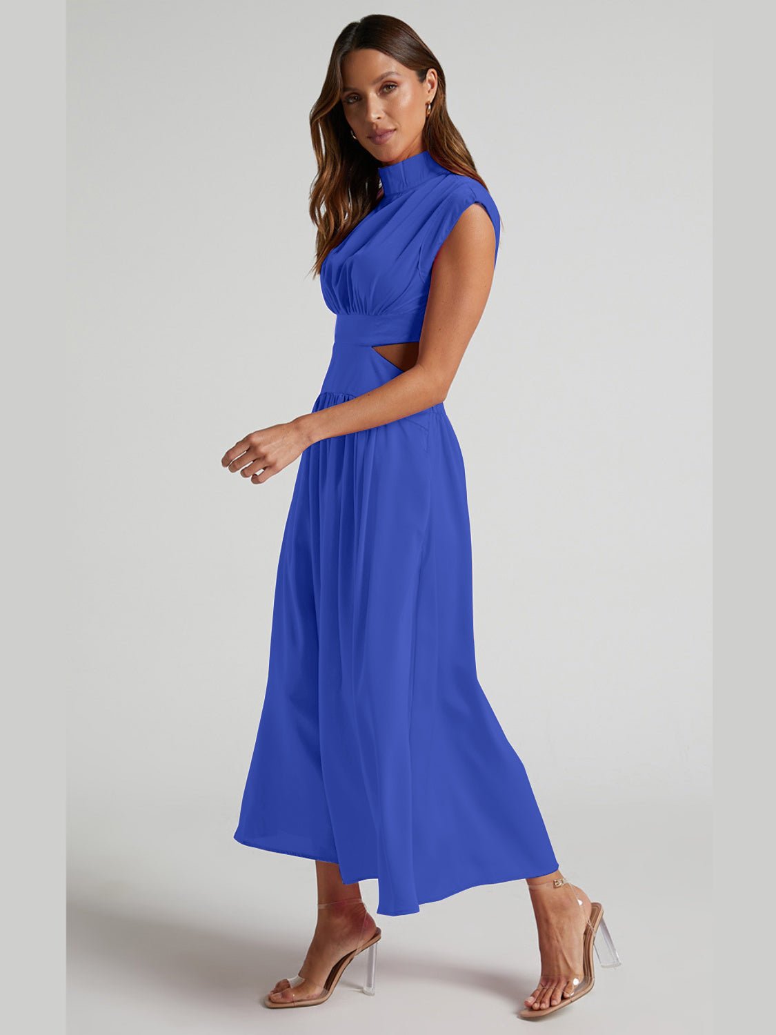 Cutout Mock Neck Sleeveless Ruched Dress - GlossDrop
