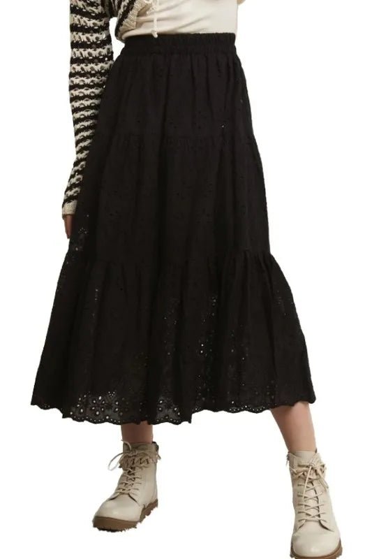 ADORA Elastic Waistband Tiered Midi Skirt - GlossDrop