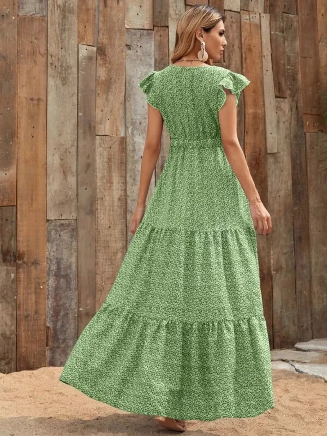 Printed V - Neck Ruffled Cap Sleeve Maxi Dress - GlossDrop
