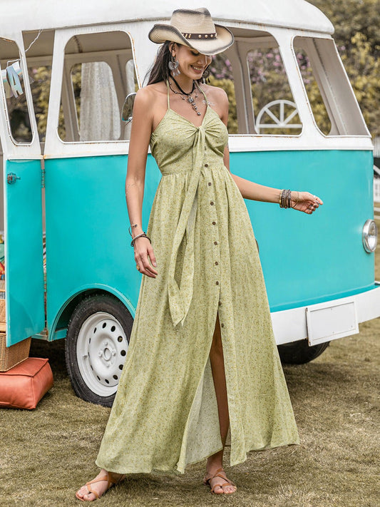 Printed Halter Neck Maxi Dress - GlossDrop