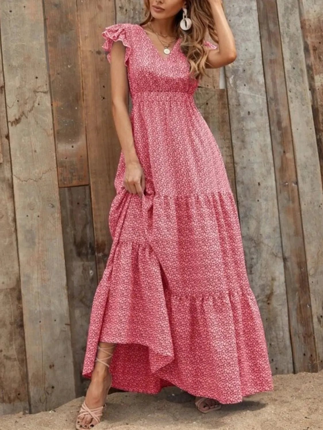 Printed V - Neck Ruffled Cap Sleeve Maxi Dress - GlossDrop