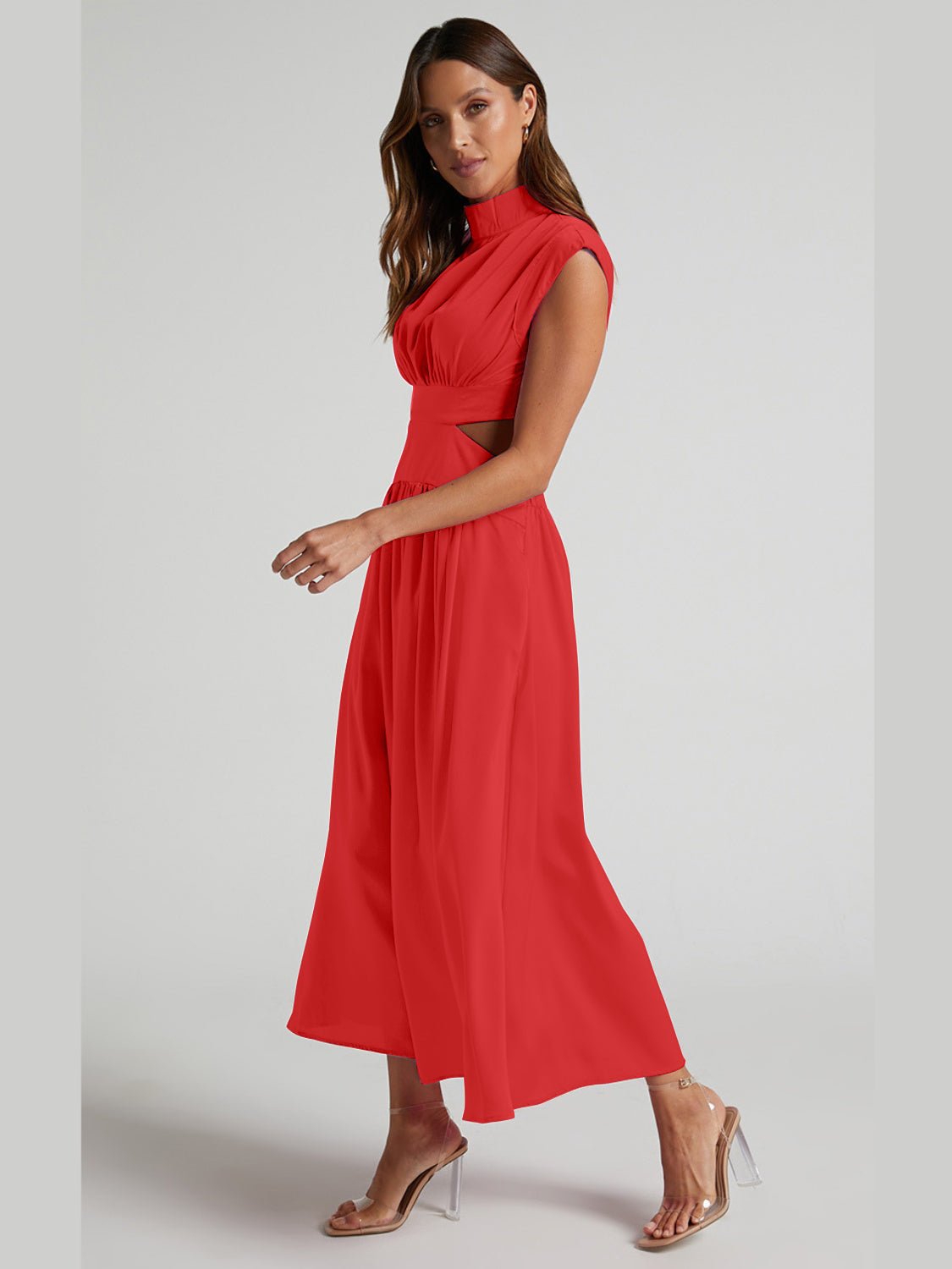 Cutout Mock Neck Sleeveless Ruched Dress - GlossDrop