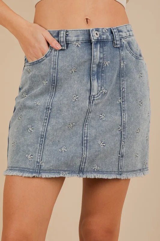 VERY J Bow Printed Casual Denim Mini Skirt - GlossDrop