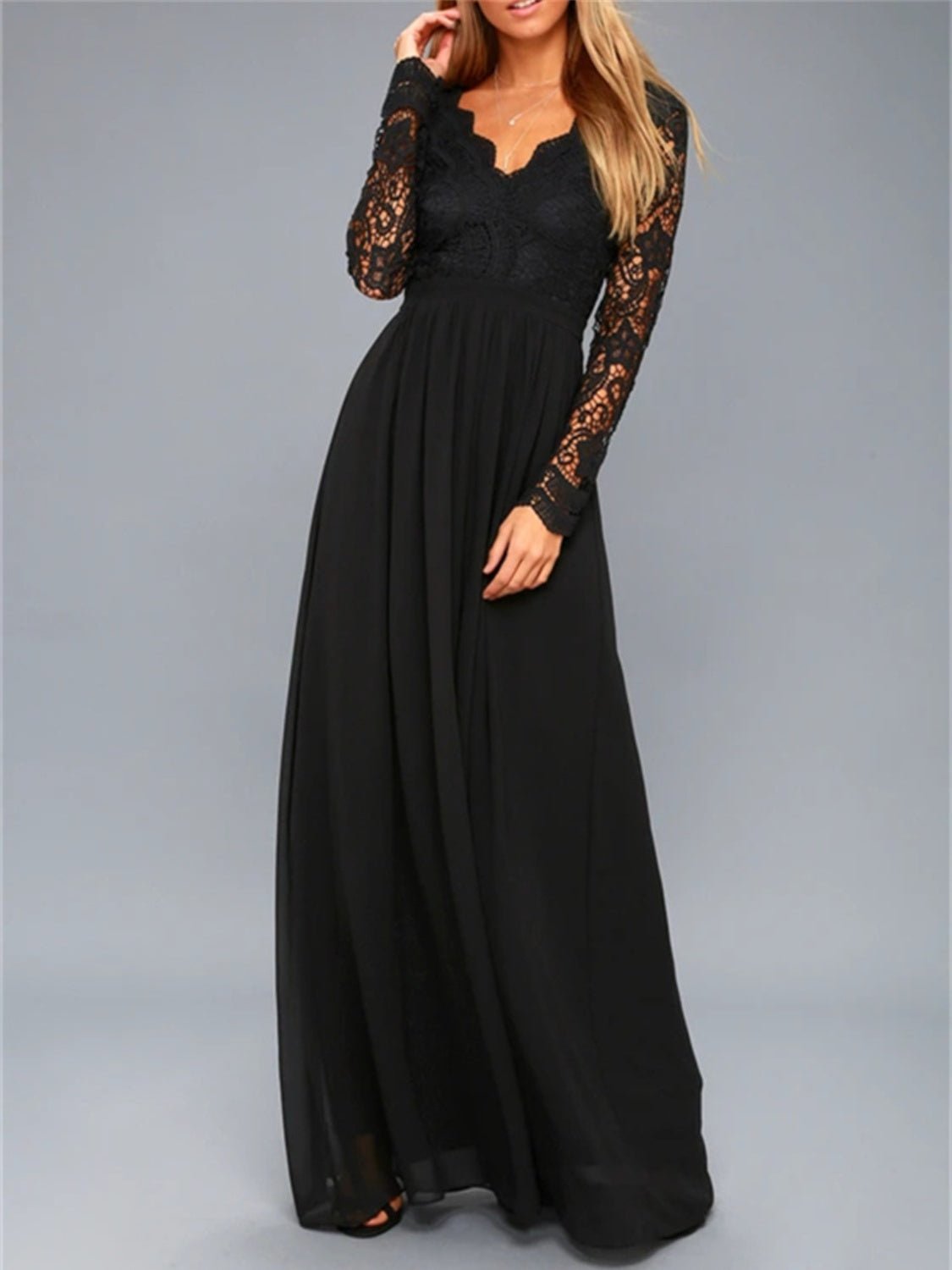 Lace Detail Backless Long Sleeve Maxi Dress - GlossDrop