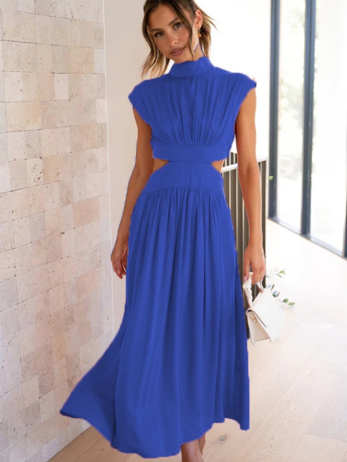 Cutout Mock Neck Sleeveless Ruched Dress - GlossDrop
